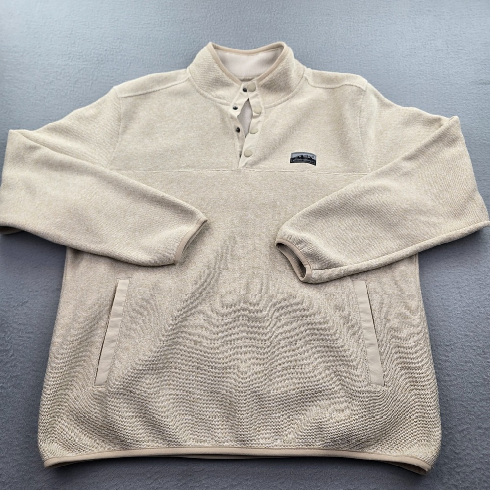 Eddie Bauer Sweater Mens Beige Mock Neck Fleece Logo Relaxed Fit Quarter Snap